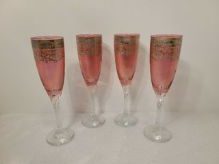 Vintage Moser Style Cranberry Wine Glasses Silver Overlay Twisted Stems Set Of 4