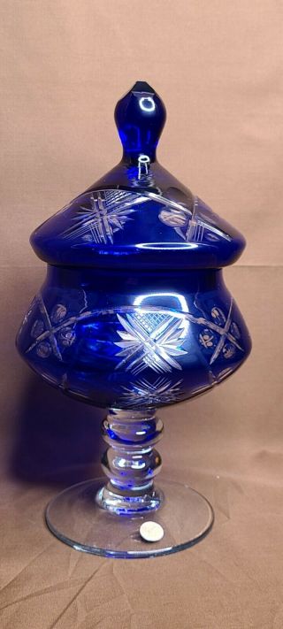 Vintage Cobalt Bohemia Cut To Clear Lead Crystal Blue Footed Candy Dish W/lid