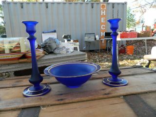 Cobalt Blue Satin Glass Candle Sticks And Console Bowl Gold Trim