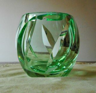 Signed Daum Nancy France Cut Green Art Glass Leaf Pattern Vase 4.  25 " Tall