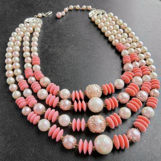 Signed Japan Vintage Multi Strand Pink Bead Pearl Lucite Necklace 733
