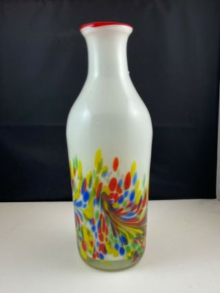 Vintage Murano White Red Yellow Blue Cased Glass Vase.