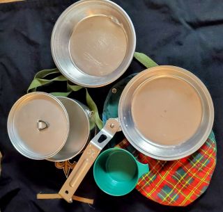 Vintage Girl Scout Mess Kit with Plaid Carrying Bag 2