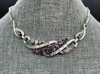 Vintage Coro Silver Tone Purple Pink Rhinestone Necklace Signed 17 " Repair K06
