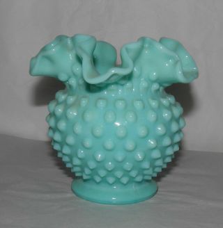 Vintage Fenton Turquoise Blue Milk Glass Hobnail Ruffled Ball Vase 4 1/2 " Tall