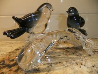 Murano Glass Blue / Dove Love Birds On Clear Branch / Artist Signed