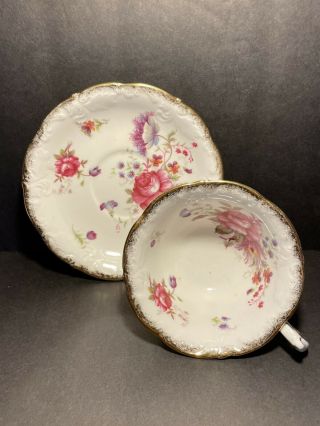 Paragon Rosealee White Teacup Saucer Pink Roses Blue And Purple Flowers Gold