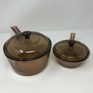 Set Of 2 Vision Corning Ware Amber 1.  5l & 0.  5l Sauce Pans Pots W/ Lids Usa