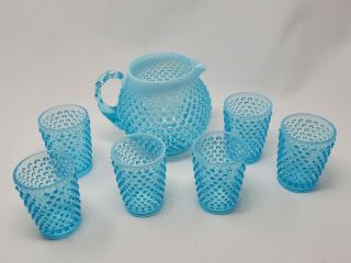 Fenton Opalescent Blue Hobnail Water Tea Pitcher & 6 Glasses Set