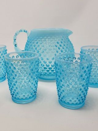 FENTON Opalescent Blue HOBNAIL Water Tea Pitcher & 6 Glasses Set 2