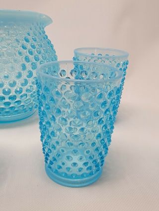 FENTON Opalescent Blue HOBNAIL Water Tea Pitcher & 6 Glasses Set 3