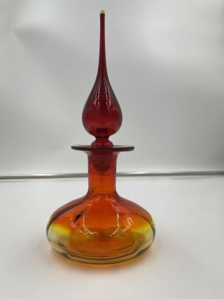Mcm Rainbow Glass Handblown Amberina Decanter,  12 " Height,  With Stopper