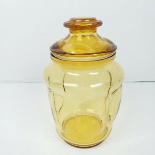 L E Smith Vintage Amber Yellow Glass Canister Apothecary Jar W/ Lid 7.  5 "