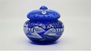 Fenton Art Glass Canaan Valley? Cobalt Blue Lidded Bowl Heirloom Optics 2003 Euc