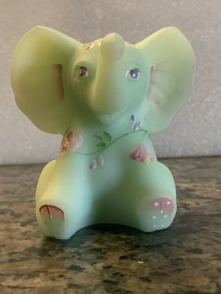 Rare Fenton Hand Painted Soft Green Satin Elephant Figurine