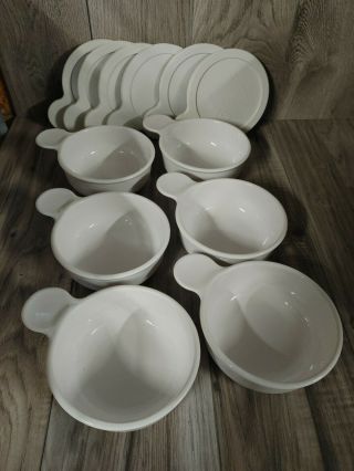 Set Of 6 Corning Ware White Grab It Bowls W/plastic Lids Soup,  Chili,  Usa