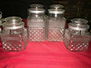 Vtg Set Of 4 Anchor Hocking Wexford Canister Apothecary Jar Clear Glass 9 " & 6½ "