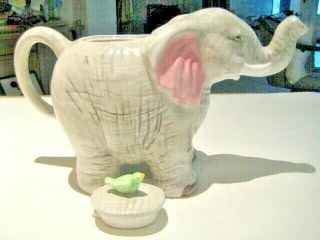 Vintage Ceramic Gray & Pink Elephant Teapot W/ Tiny Bird Lid - Holds 8 Cups