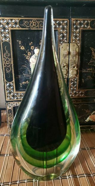 Large Vtg Murano Art Glass Teardrop Sculpture Green And Black / Clear 11 