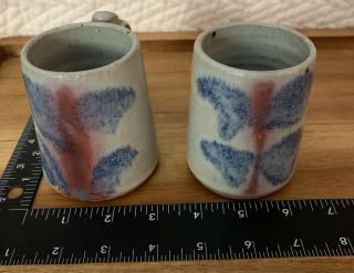 Signed Artisan Studio Art Pottery Stoneware Coffee Mugs Set Of 2 Grey Blue Red