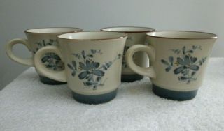 4 Noritake Stoneware Coffee Cups,  Pleasure (8344) Blue Floral Design