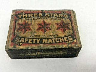 Vintage Three Stars Safety Matches Wood Match Sticks Box Jonkoping Sweden