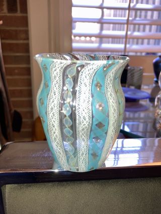 Vintage Murano Italian Glass Fratelli Toso Latticino Vase Blue & White