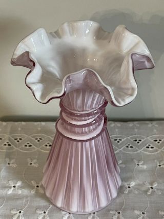 Vintage Fenton Art Glass - Wheat Vase - Rose Pink Overlay - Ruffled 7 1/2” Vgc