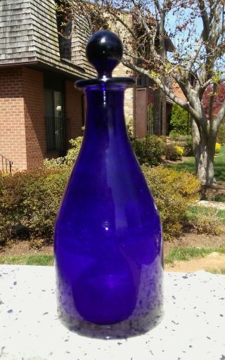 Vintage Small Hand Blown Cobalt Blue Glass Perfume Bottle With Purple Stopper
