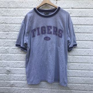 Vintage 1990s Ncaa Lsu Tigers Football Graphic Ringer Gray T - Shirt Vtg