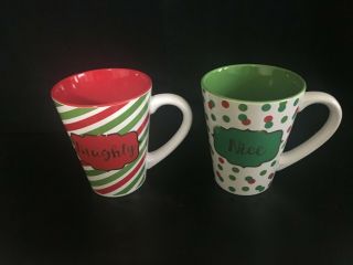 Set Of 2 Christmas Naughty & Christmas Coffee Tea Mugs Red Green White Lnc