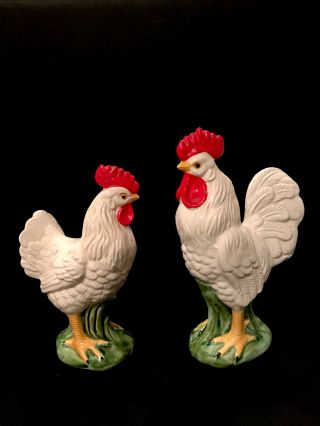 Vintage Lefton’ Japan White Porcelain Rooster/ Hen Figures H3072 Foil Label