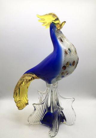 Vintage Large Cobalt Blue & Yellow Murano Art Glass Jewelled Cockerel Rooster