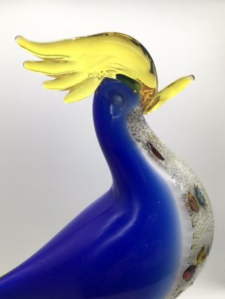 Vintage Large Cobalt Blue & Yellow MURANO Art Glass Jewelled Cockerel Rooster 3