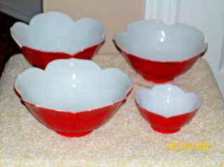 Vintage Set Of Four Asahi & O - M - C Red Petal Design Bowl - Made In Japan
