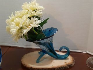 Art Glass Cornucopia Vase Aqua Blue Murano Style Figurine W/white Accents 9 " X7 "