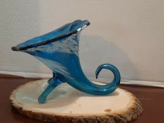 Art Glass Cornucopia Vase Aqua Blue Murano Style Figurine W/White Accents 9 