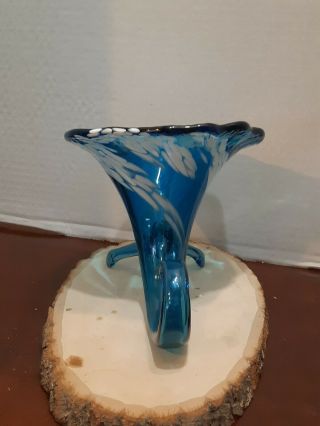 Art Glass Cornucopia Vase Aqua Blue Murano Style Figurine W/White Accents 9 