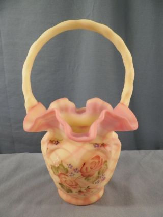 Fenton Hand Painted Burmese Glass Basket W/ Diamond Design Pink Roses