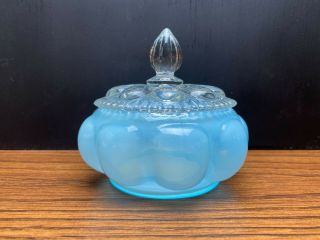 Vintage Fenton Glass Blue Overlay Small Melon Shaped Powder Jar With Clear Lid