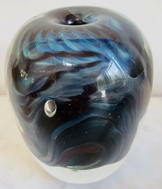 Vintage Blue Green Black Swirl Art Glass Bud Vase Paperweight Round 4.  5 " X 3.  5 "