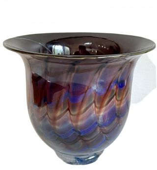 Vintage Mcm Footed Signed Ifs Studio Art Glass Bowl/vase Red Blue Green Waves