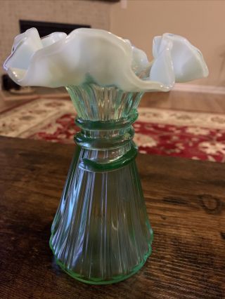 Fenton Green Glass Wheat Vase With Ruffle Top Opalescent