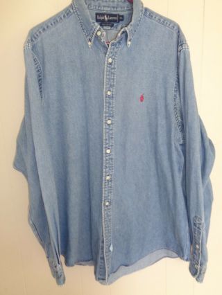 Polo Ralph Lauren Vintage Blaire Blue Denim Work Chore Red Pony Shirt Xl 90s
