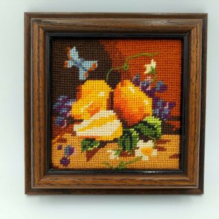 Vintage Butterfly Pears Needlepoint Embroidery Framed Wall Art Flowers Retro