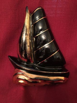Vintage Holley Ross Black And 22k Gold Nautical Sailboat Ship Vase Wall Pocket