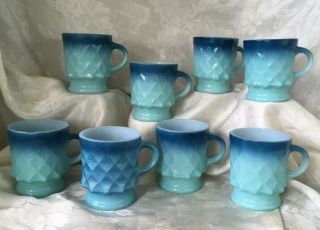 Set Of 8 Fire King Coffee Cup/mug Turquoise Blue Kimberly Diamond Anchor Hocking