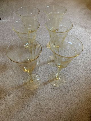 Vtg 6 Yellow Tall Stemmed 7 1/2”t Depression Glasses Water Wine Goblets Etched.