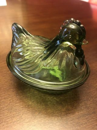 Rare Vintage Hazel Atlas Continental Can Co.  Green Glass Hen On Nest Dish