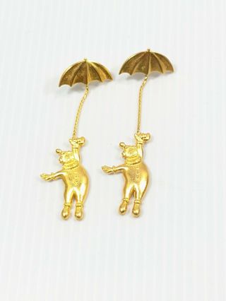 Vintage Jj Gold Tone Matte Clown Umbrella Dangle Pierced Earrings